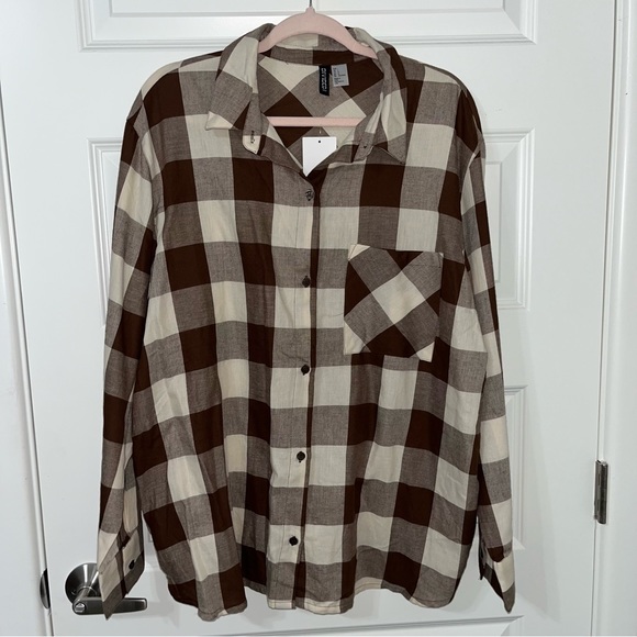 H&M Woman Divided Brown Flannel Plaid Long Sleeve Shirt Top Button Down L New - Picture 3 of 5